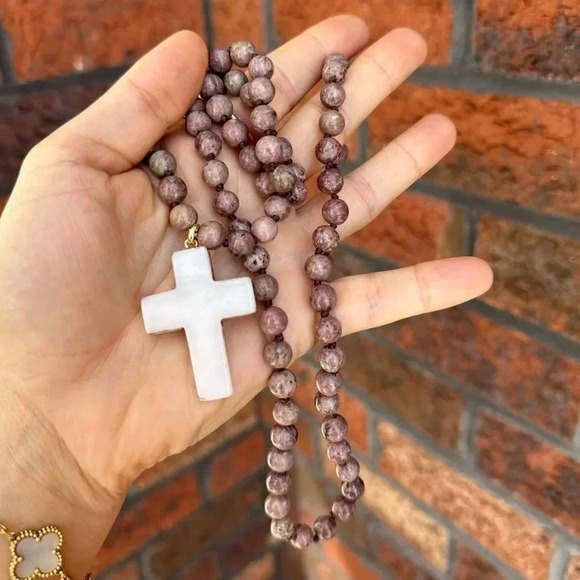 Natural Pink Agate Cross Pendant Necklace - Picture 4 of 6